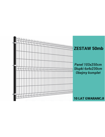 Ogrodzenie panelowe 3D, komplet 50mb, 103x250cm, słup 230cm, drut fi 4, oczko 200x50mm