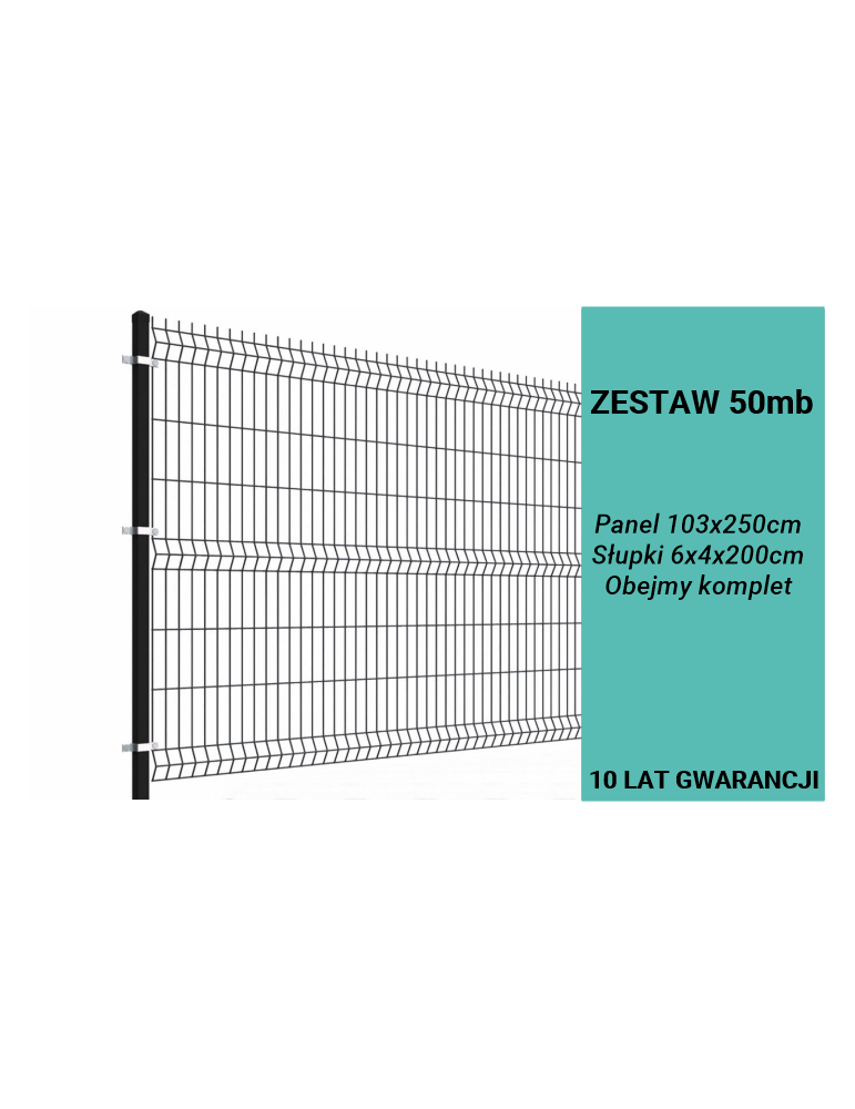 Ogrodzenie panelowe 3D, komplet 50mb, 103x250cm, słup 200cm, drut fi 4, oczko 200x50mm