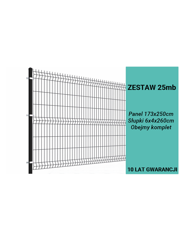 Ogrodzenie panelowe 3D, komplet 25mb, 173x250cm, słup 260cm, drut fi 4, oczko 200x50mm