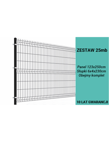 Ogrodzenie panelowe 3D, komplet 25mb, 123x250cm, słup 230cm,drut fi 4, oczko 200x50mm