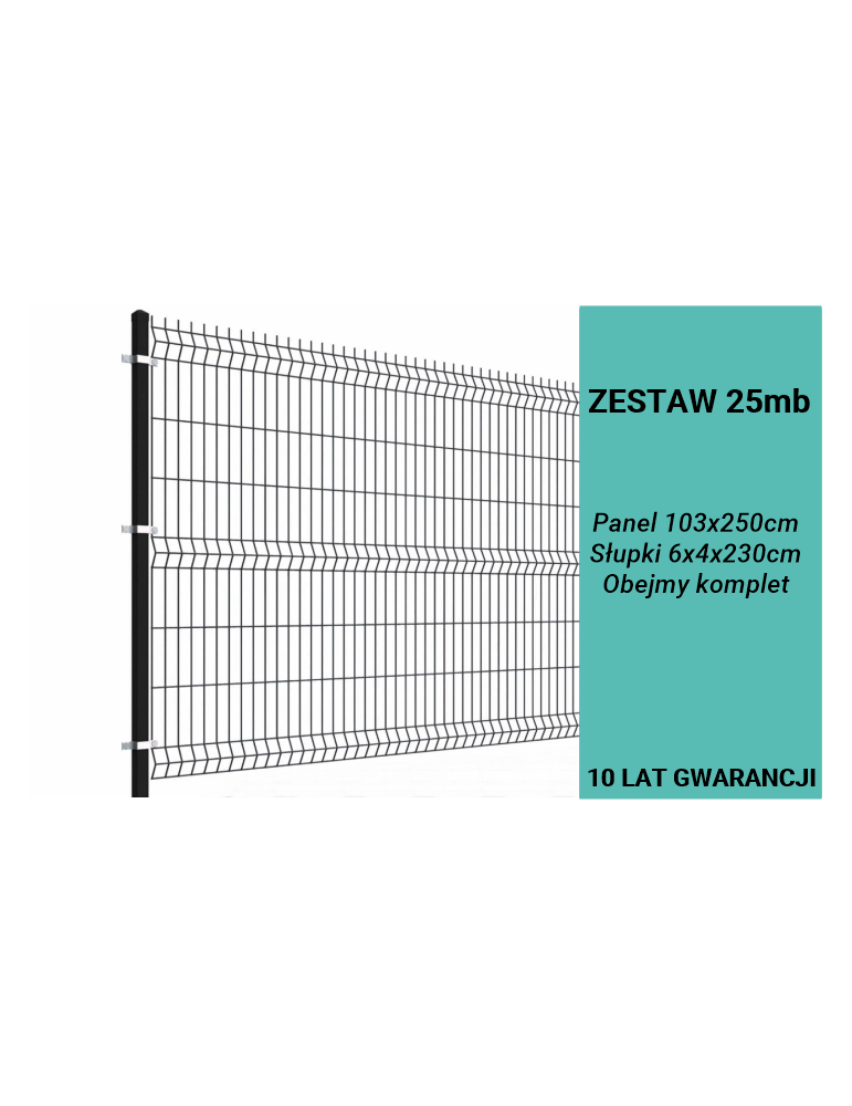 Ogrodzenie panelowe 3D, komplet 25mb, 103x250cm, słup 230cm,drut fi 4, oczko 200x50mm