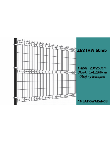 Ogrodzenie panelowe 3D, komplet 50mb, 123x250cm, słup 200cm, drut fi 4, oczko 200x50mm