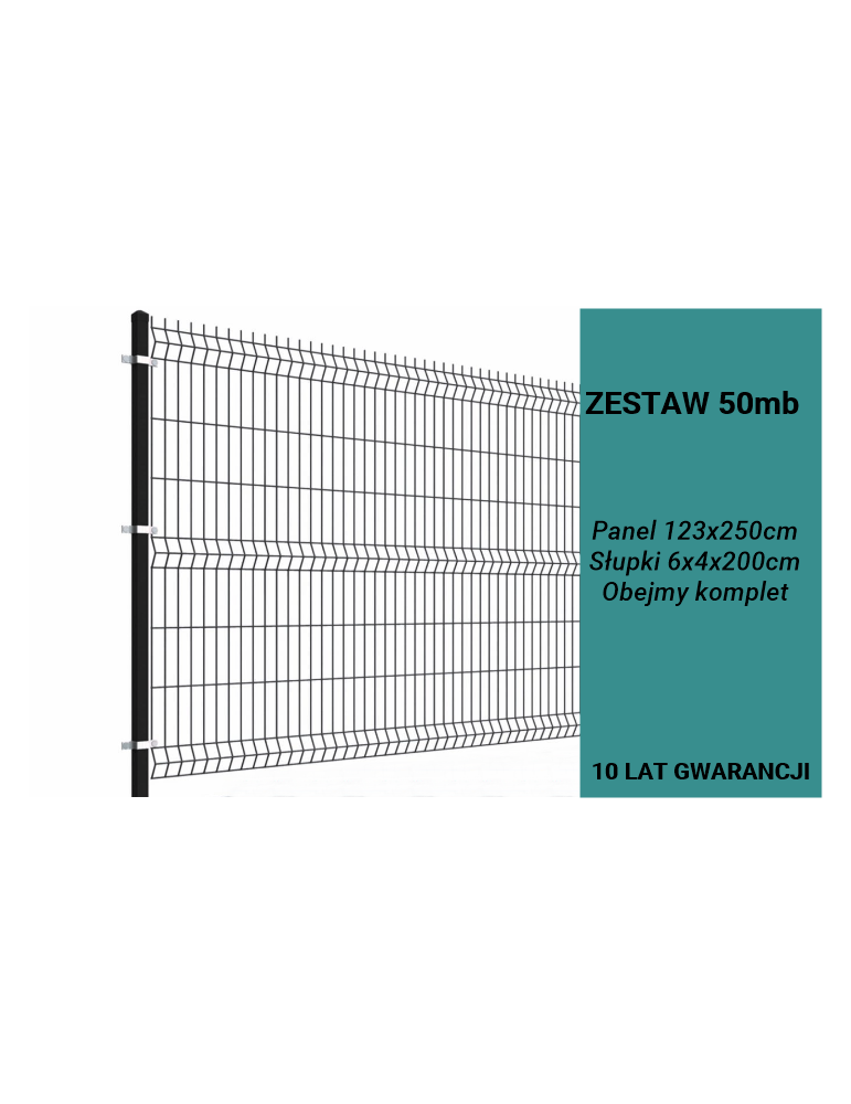 Ogrodzenie panelowe 3D, komplet 50mb, 123x250cm, słup 200cm, drut fi 4, oczko 200x50mm