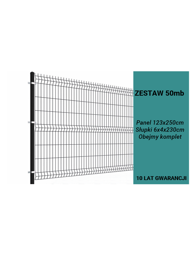 Ogrodzenie panelowe 3D, komplet 50mb, 123x250cm, słup 230cm, drut fi 4, oczko 200x50mm