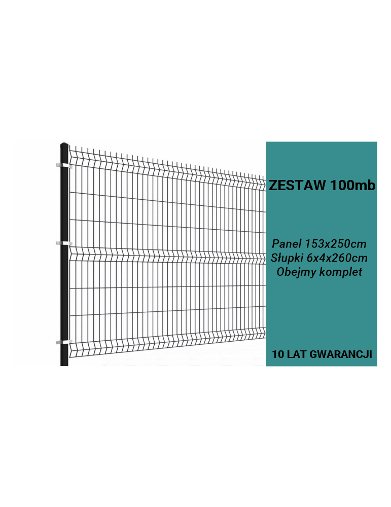 Ogrodzenie panelowe 3D, komplet 100mb, 153x250cm, słup 260cm, drut fi 4, oczko 200x50mm