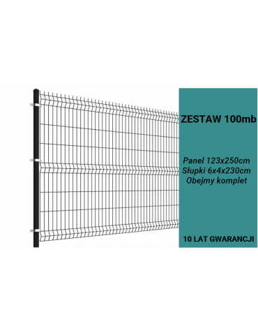 Ogrodzenie panelowe 3D, komplet 100mb, 123x250cm, słup 230cm, drut fi 4, oczko 200x50mm