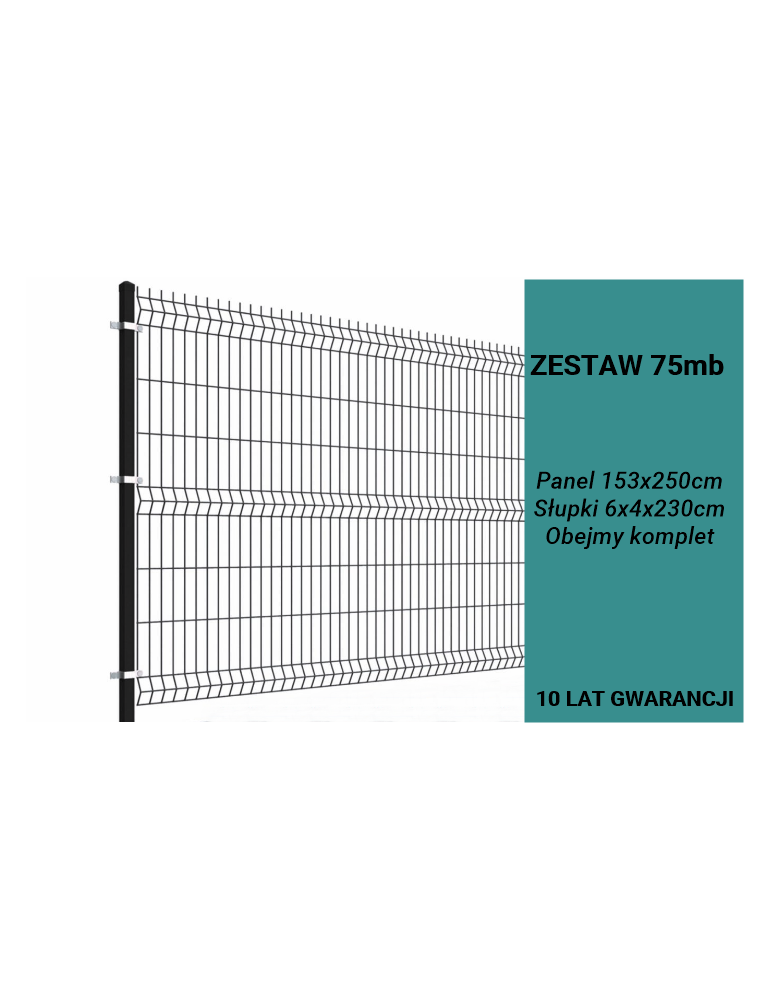 Ogrodzenie panelowe 3D, komplet 75mb, 153x250cm, słup 230cm, drut fi 4, oczko 200x50mm