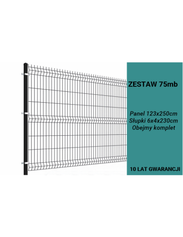 Ogrodzenie panelowe 3D, komplet 75mb, 123x250cm, słup 230cm, drut fi 4, oczko 200x50mm