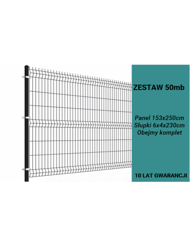 Ogrodzenie panelowe 3D, komplet 50mb, 153x250cm, słup 230cm, drut fi 4, oczko 200x50mm