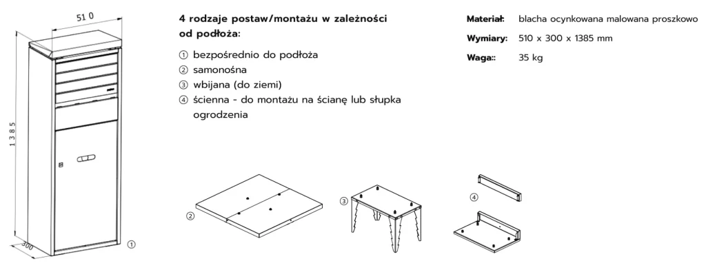 Schemat wymiarowy paczkomatu domowego Basic 51 cm antracyt