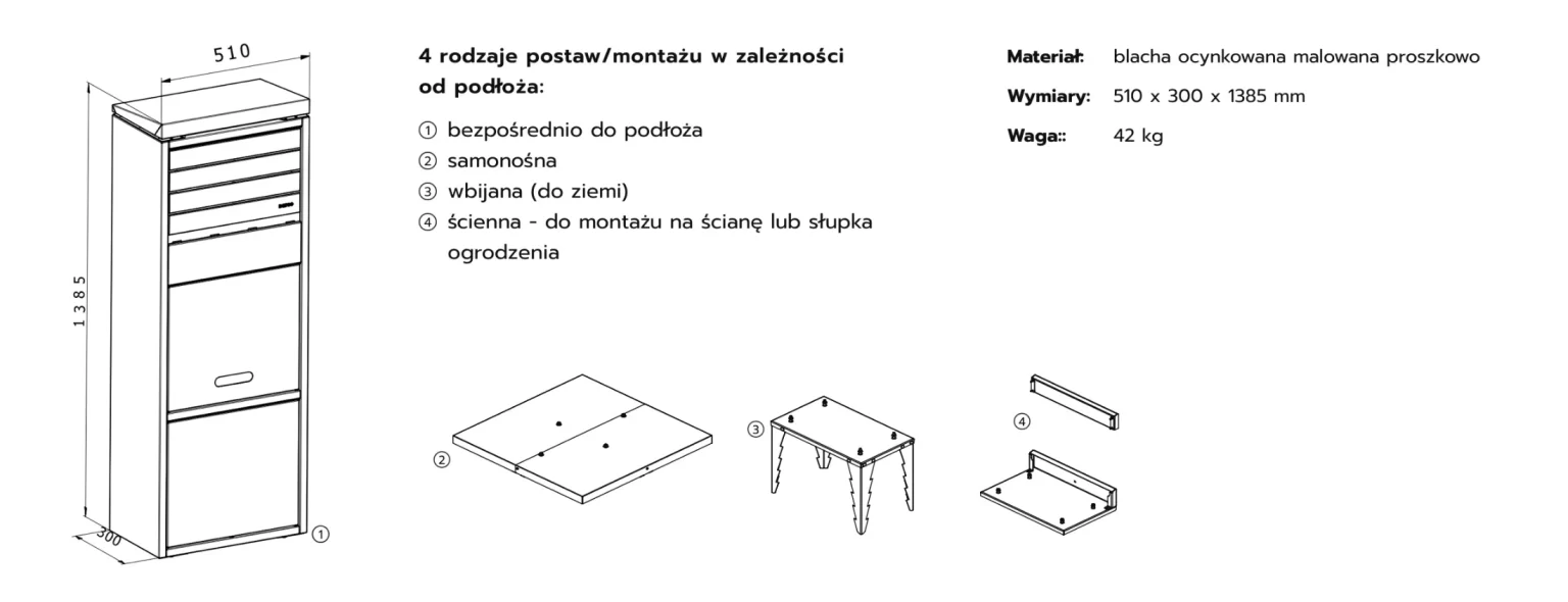 Rysunek techniczny z wymiarami paczkomatu domowego Standard 51 cm