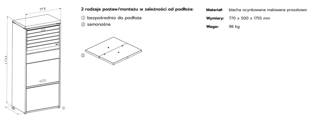 Schemat wymiarowy paczkomatu domowego Standard XL 77 cm